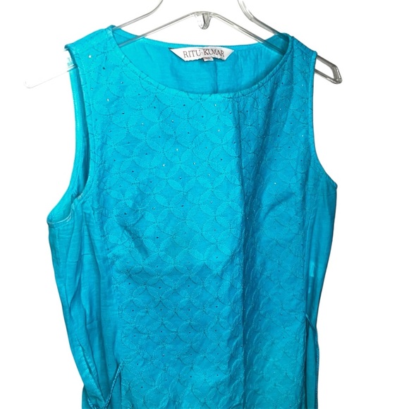 Ritu Kumar Kurta Dress Turquoise Lined Side Slit Studded Ombre Tasseled Size 36 - Picture 6 of 15